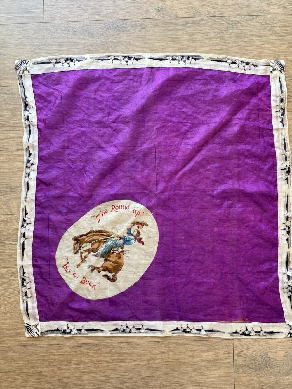 Vintage 1930s Pendleton Roundup 'Let 'er Buck' Purple Silk Scarf Western Cowboy